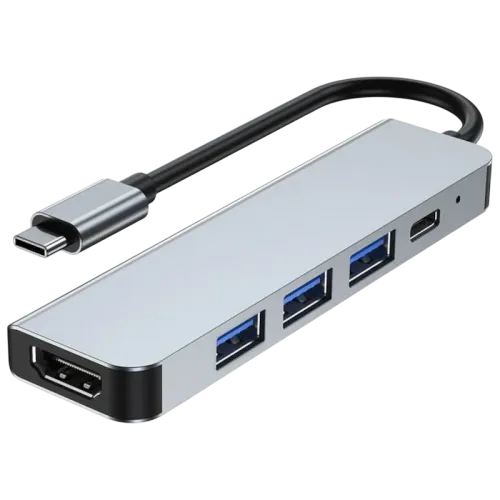 Hub USB BYL 2008 5 en 1 USB Tipo-C/HDMI+USB 3.0+USB 2.0+USB Tipo C Plata