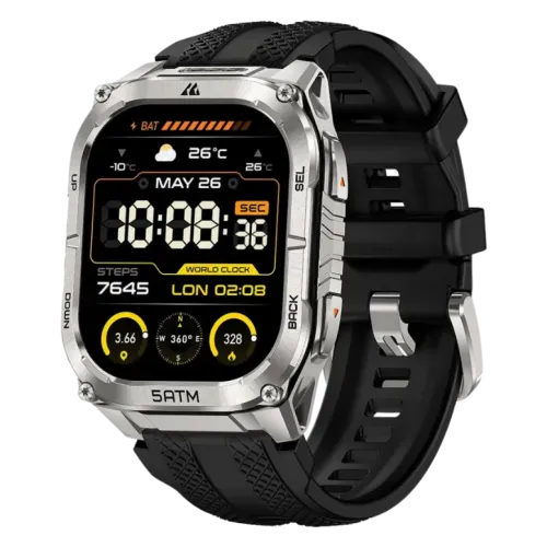 KOSPET Tank M4C Plata Correa Negro 1,96 pulgadas AMOLED GPS 16 días +170 deportes 5ATM IP69K Smartwatch