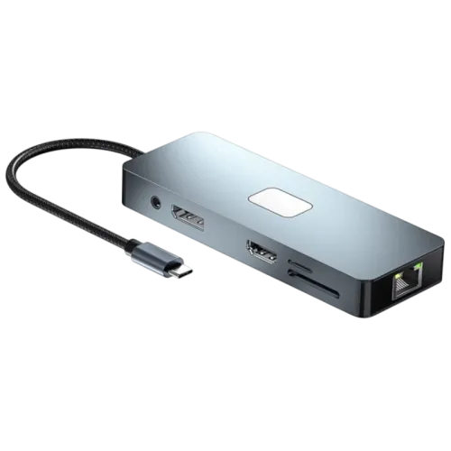 Hub BYL-2309 11 en 1 USB Tipo-C a HDMI/microUSB/VGA/RJ45/USB3.2/Jack 3.5mm/USB Tipo C 100W Plata