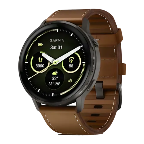 Garmin Venu 4 45 mm Gris Pizarra Correa Piel Marrón 1,4 pulgadas AMOLED 12 días 5ATM Smartwatch