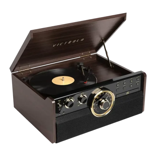 Victrola Empire 6 en 1 6W Bluetooth FM CD Casete tracción por correa 33/45 rpm Tocadiscos