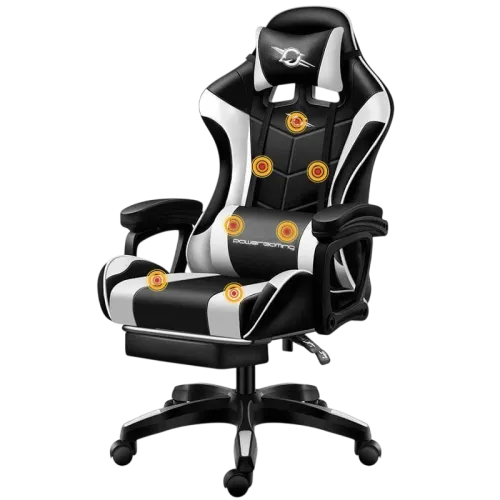 PowerGaming Masaje 7 puntos Blanco/Negro Reposapiés 120kg Silla gaming
