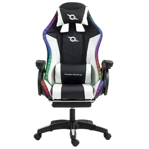 PowerGaming LED RGB con Altavoz Bluetooth Masaje y Reposapiés Negro+Blanco 120kg Silla gaming